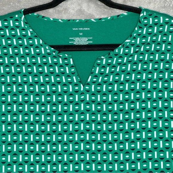 Van Heusen M Medium Shirt Top Green Geometric Short Sleeve Split Scoop Neck - Picture 3 of 7
